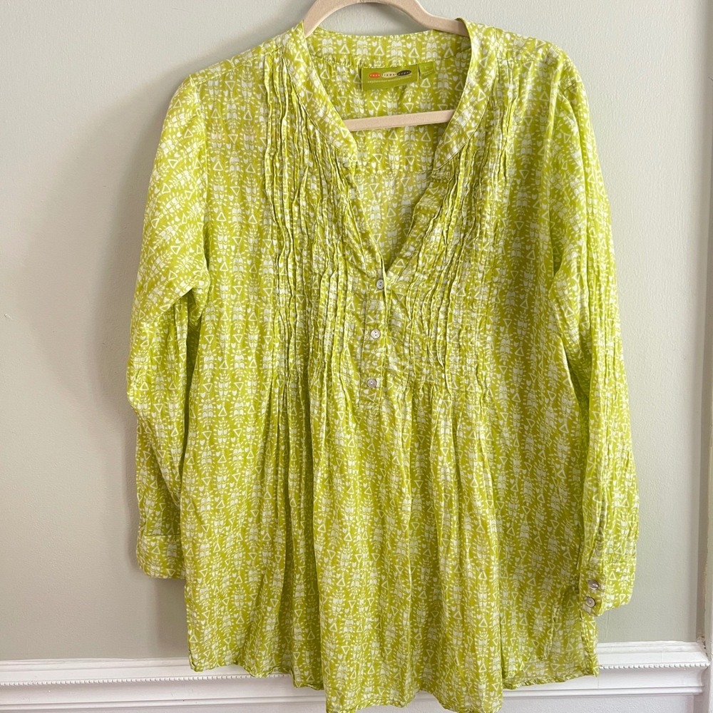 Rock Flower Paper Tunic Blouse Womens L Pintuck Cotton Chartreuse Green Boho - Picture 2 of 10